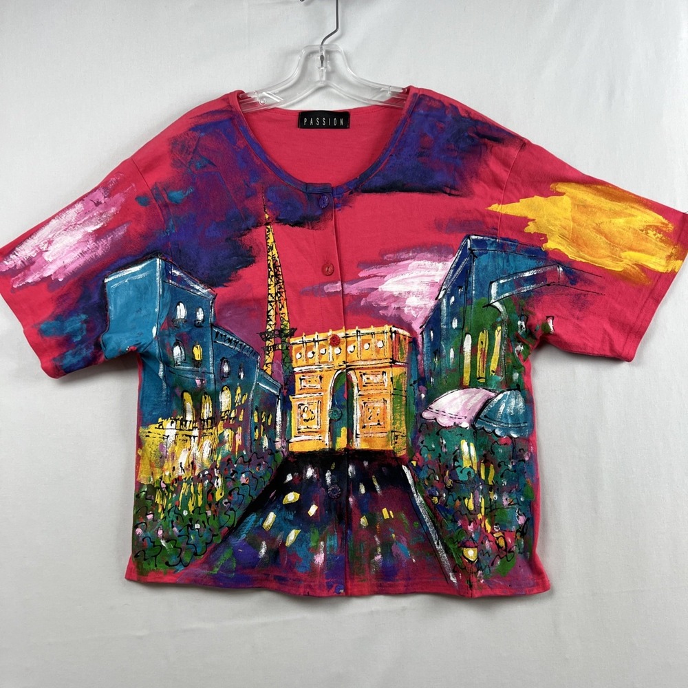 Passion Hand Painted Shirt Paris City Button up Size Small Eiffel Tower Top